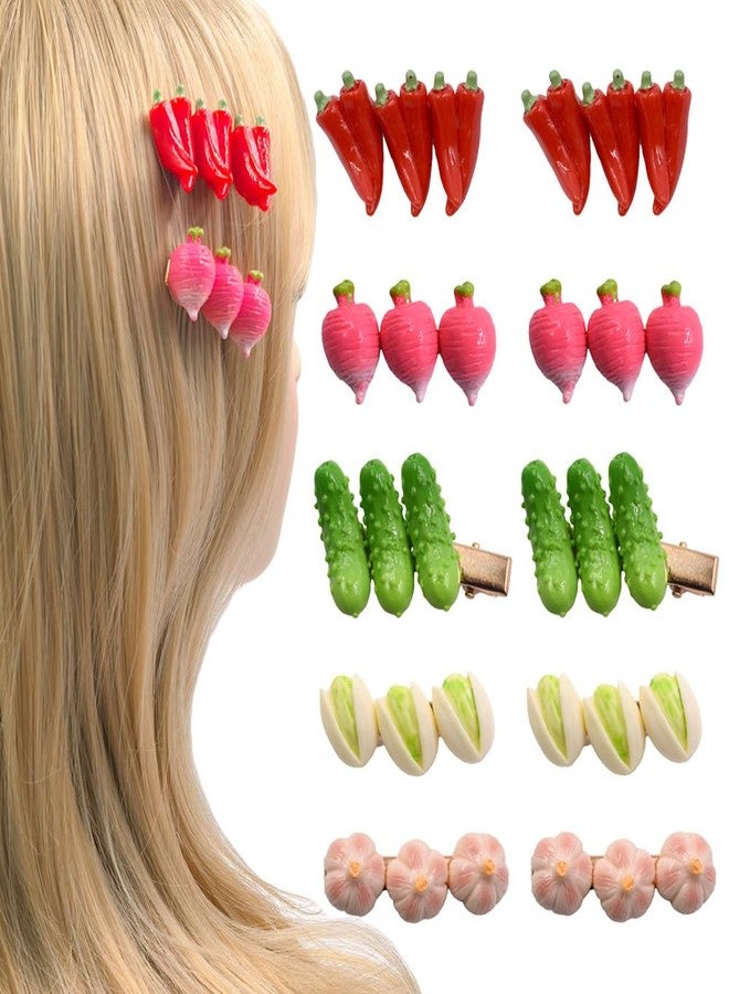 Ynxee 5 Pairs Funny Simulated Vegetable Shape Hair Clips Red Pepper, Garlic, Carrot, Pistachio, Cucumber Women Girls Hair Accessories, 2 inch - Image 1