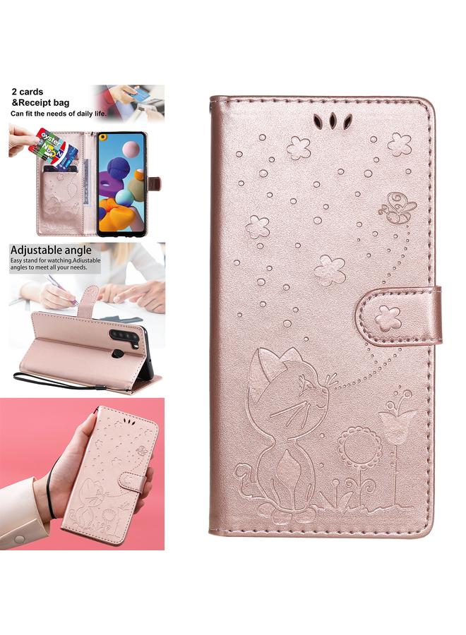 اس-توب جراب لهاتف Samsung Galaxy A21 بنقش نحلة القط، جراب جلدي أفقي مقاوم للصدمات مع حامل وفتحات للبطاقات ومحفظة - Image 1