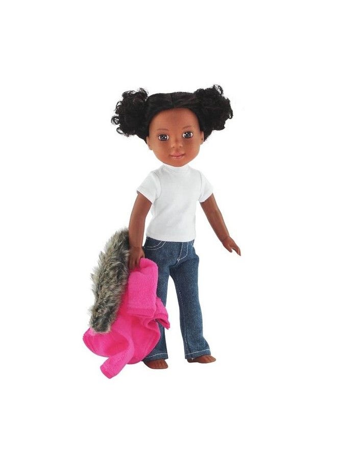 14 Inch Doll Clothes Clothing Accessory ; 3 Pc Faux Fur Collar 14" Doll Coat Jacket Outfit With White Tshirt Tee And Blue Jeans ; Compatible With 14.5" Hardbodied Wellie Wishers Dolls