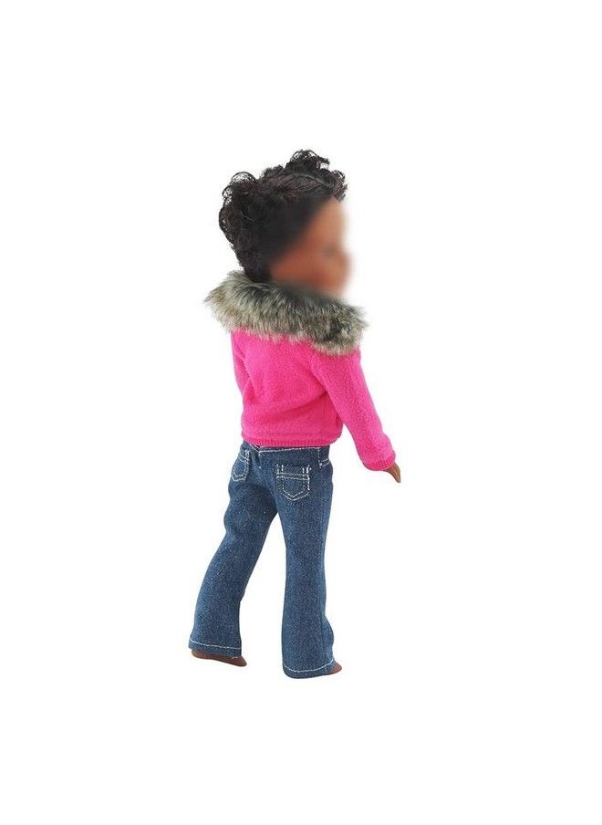 14 Inch Doll Clothes Clothing Accessory ; 3 Pc Faux Fur Collar 14" Doll Coat Jacket Outfit With White Tshirt Tee And Blue Jeans ; Compatible With 14.5" Hardbodied Wellie Wishers Dolls