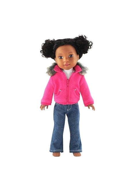 14 Inch Doll Clothes Clothing Accessory ; 3 Pc Faux Fur Collar 14" Doll Coat Jacket Outfit With White Tshirt Tee And Blue Jeans ; Compatible With 14.5" Hardbodied Wellie Wishers Dolls