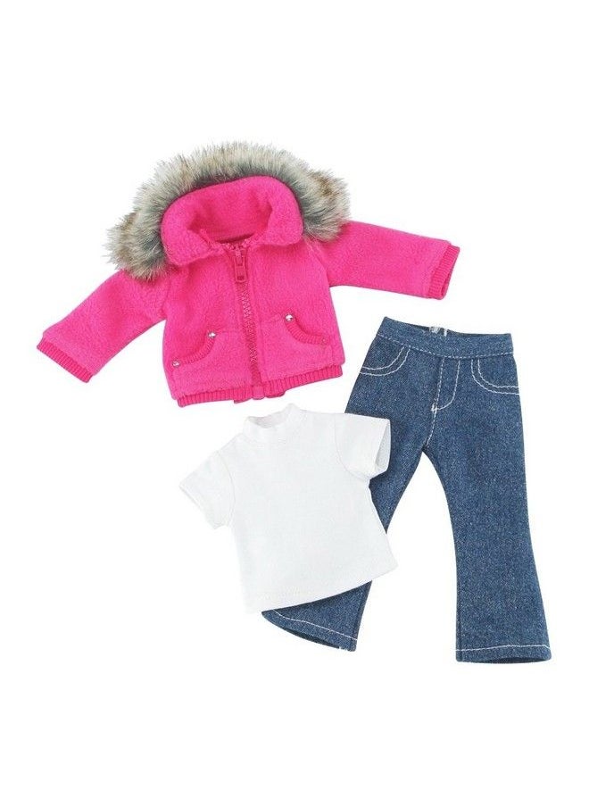 14 Inch Doll Clothes Clothing Accessory ; 3 Pc Faux Fur Collar 14" Doll Coat Jacket Outfit With White Tshirt Tee And Blue Jeans ; Compatible With 14.5" Hardbodied Wellie Wishers Dolls