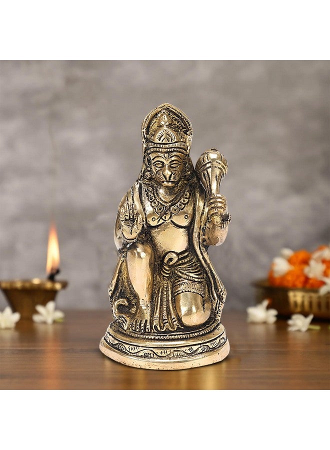 APKO Brass Hanuman Statue Sitting in Blessing Posture with Gada Idol Decorative Showpiece Handcrafted Hanuman Ji Murti for Home Office and Gifting Purpose Sculpture 6 Inches - Image 1