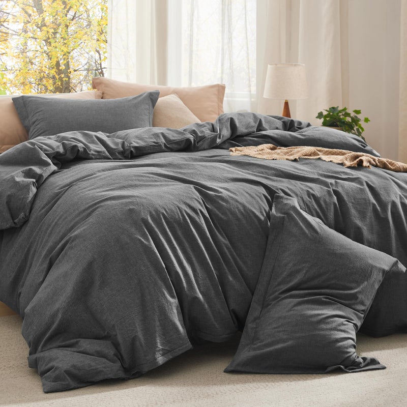 Bedsure Comforter Set Queen Size Dark Grey - Cotton Fabric with Microfiber Inner Fill, Queen Comforter Set for All Seasons, 3 Pieces, 1 Comforter (90"x90") and 2 Pillow Cases (20"x26") - Image 1