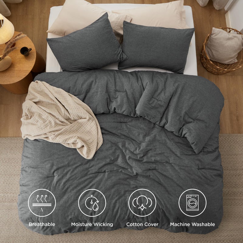 Bedsure Comforter Set Queen Size Dark Grey - Cotton Fabric with Microfiber Inner Fill, Queen Comforter Set for All Seasons, 3 Pieces, 1 Comforter (90"x90") and 2 Pillow Cases (20"x26") - Image 4