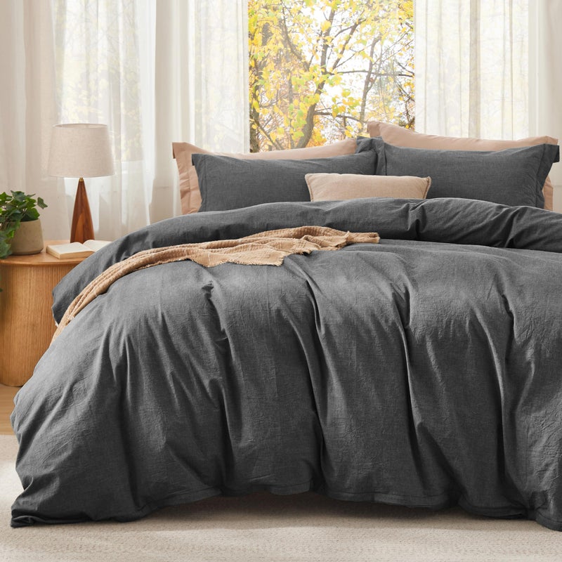 Bedsure Comforter Set Queen Size Dark Grey - Cotton Fabric with Microfiber Inner Fill, Queen Comforter Set for All Seasons, 3 Pieces, 1 Comforter (90"x90") and 2 Pillow Cases (20"x26") - Image 2