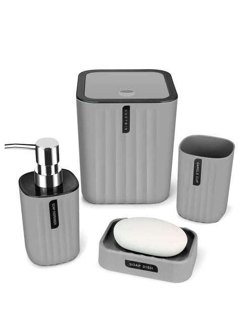 4 Pcs Bath Set Bathroom Accessory Set Grey Bathroom Accessories Set with Trash Can, Soap Dish, Soap Dispenser, Toothbrush Cup, Bathroom Decor Sets Accessories Complete with Desktop Small Trash