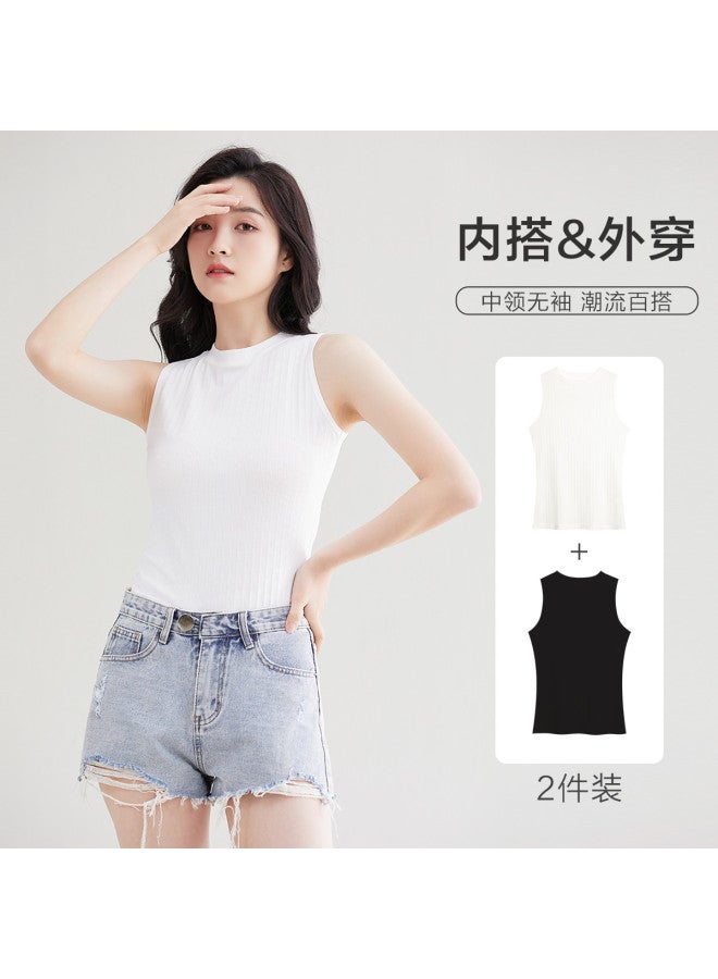 Red Bean 2-Pack Vertical Stripe Tank Tops For Women - Slim-Fit Mid-Neck Sleeveless Vests, Wearable As Outerwear - Image 4