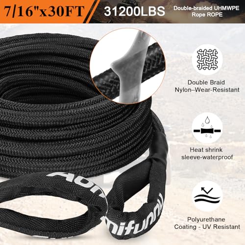 Aomifunny 7/16" x 30ft UHMWPE Tow Rope, 31,200 Lbs Break Strength, Heavy Duty Tow Strap Recovery Kit for ATV, UTV, SUV, Cars(Black) - Image 2
