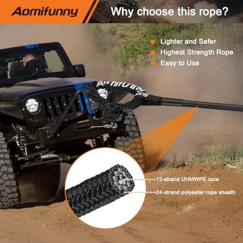 Aomifunny 7/16" x 30ft UHMWPE Tow Rope, 31,200 Lbs Break Strength, Heavy Duty Tow Strap Recovery Kit for ATV, UTV, SUV, Cars(Black) - Image 5
