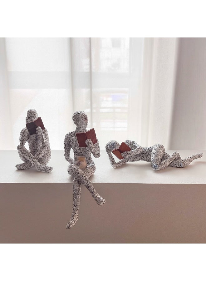 BERAM Reading Statues Set of 3 Cross Leg Sitting and Sleeping Reader Figurines Modern Resin Book Lover Sculptures for Home Décor Bookshelf Office Study Room Library Decoration