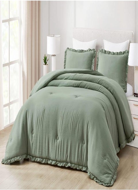 Chezmoi Collection Nora 3-Piece Ruffled Edge Trim Soft Washed Microfiber Comforter Set (Oversized Queen, Sage Green)
