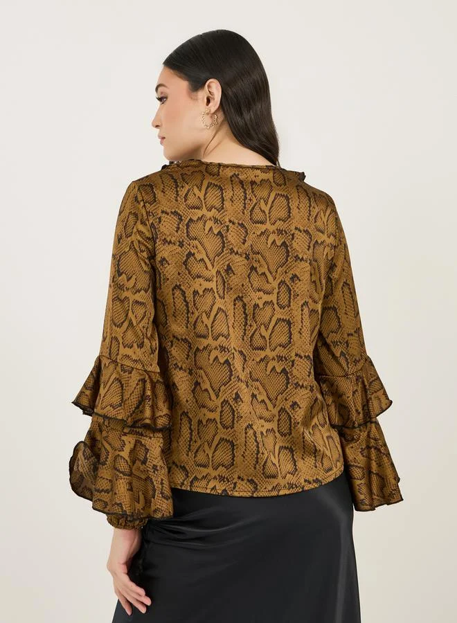 Styli Animal Print Flared Sleeves Top with Ruffle Details