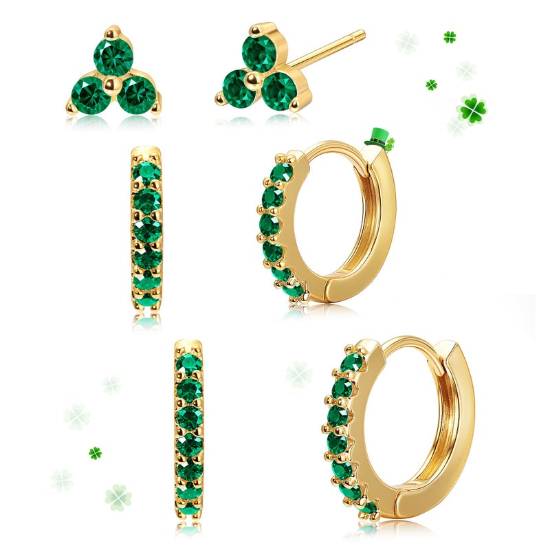 Poxtex Gold Green Small Hoop Earrings for Women, St Patricks Day Accessories, St Patty's Day Outfit Shamrock Stud Earrings - Image 1
