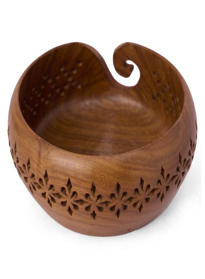 GURU JEE™ Handmade Wooden Yarn Bowl Wool Ball Holder Knitting Bowl Crochet Holder Gifts Showpiece (Natural_Brown_Jali_2) (1 Piece) - Image 2