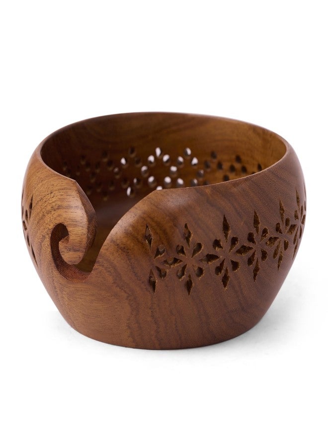 GURU JEE™ Handmade Wooden Yarn Bowl Wool Ball Holder Knitting Bowl Crochet Holder Gifts Showpiece (Natural_Brown_Jali_2) (1 Piece) - Image 1