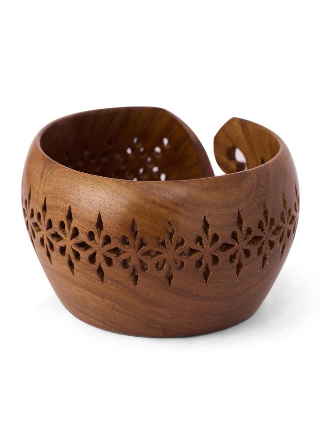 GURU JEE™ Handmade Wooden Yarn Bowl Wool Ball Holder Knitting Bowl Crochet Holder Gifts Showpiece (Natural_Brown_Jali_2) (1 Piece) - Image 4