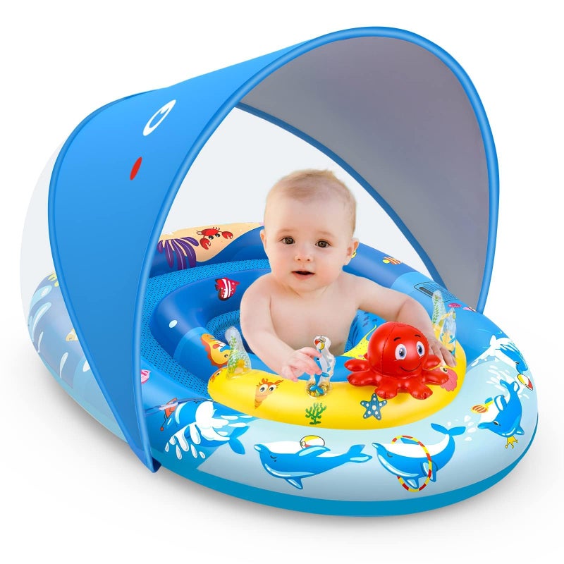EZIGO Baby Pool Float with Canopy UPF50+ Sun Protection, Inflatable Kids Pool Float with Ocean Animal Toys for Babies 6-36 Months, Infant Swimming Float with Adjustable Safety Seat for Boys Girls - Image 1