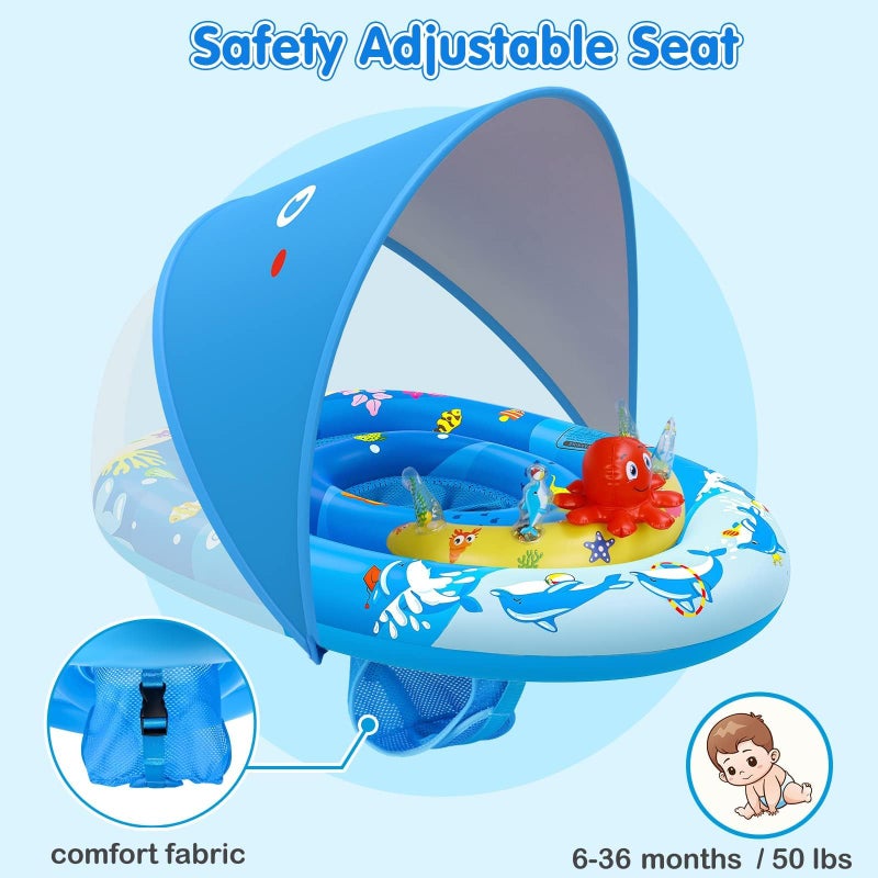 EZIGO Baby Pool Float with Canopy UPF50+ Sun Protection, Inflatable Kids Pool Float with Ocean Animal Toys for Babies 6-36 Months, Infant Swimming Float with Adjustable Safety Seat for Boys Girls - Image 3