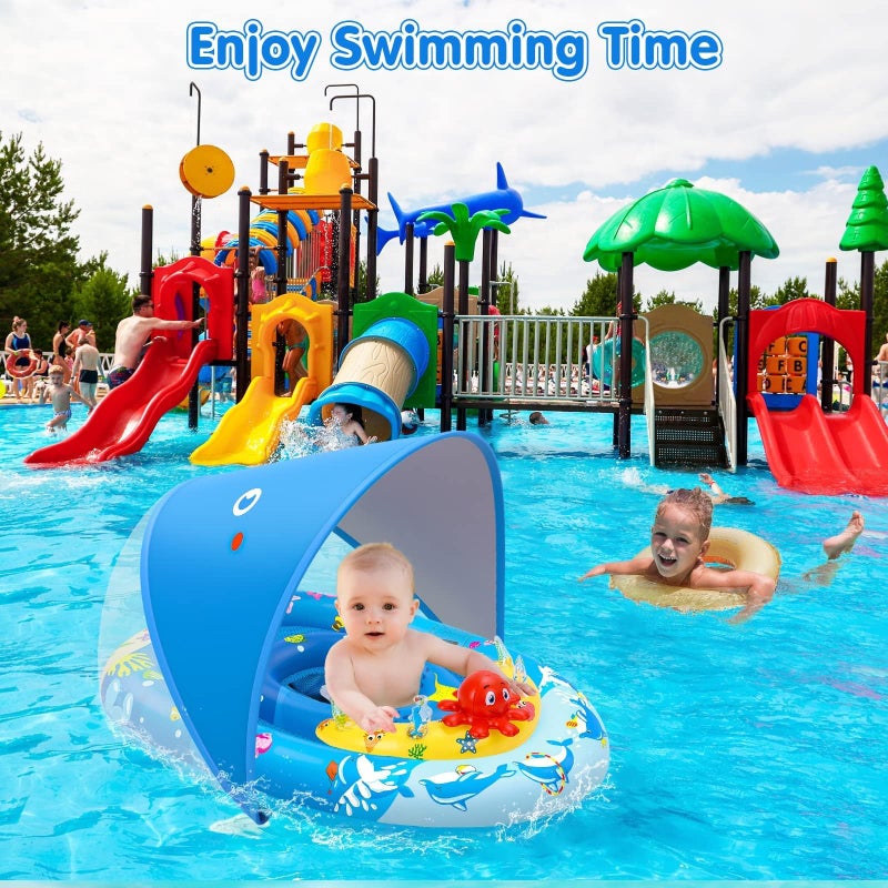 EZIGO Baby Pool Float with Canopy UPF50+ Sun Protection, Inflatable Kids Pool Float with Ocean Animal Toys for Babies 6-36 Months, Infant Swimming Float with Adjustable Safety Seat for Boys Girls - Image 5
