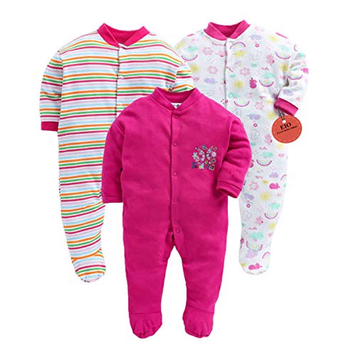 EIO® 100% Cotton Rompers Sleepsuits Jumpsuit Night Suits for Infants Newborn Baby Boys & Girls Pack of 3 (0-3 Months, Yellow) (6-9 Months, Dark Pink) - Image 1