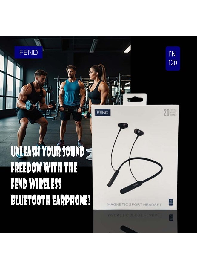 FEND FN120 Wireless Bluetooth Neckband Earphones with Mic, Magnetic Sports Headset, Sweat Resistant, 20H Playtime, Deep Bass Stereo Sound, Secure Fit Earbuds for Running Gym Workout Black - Image 2