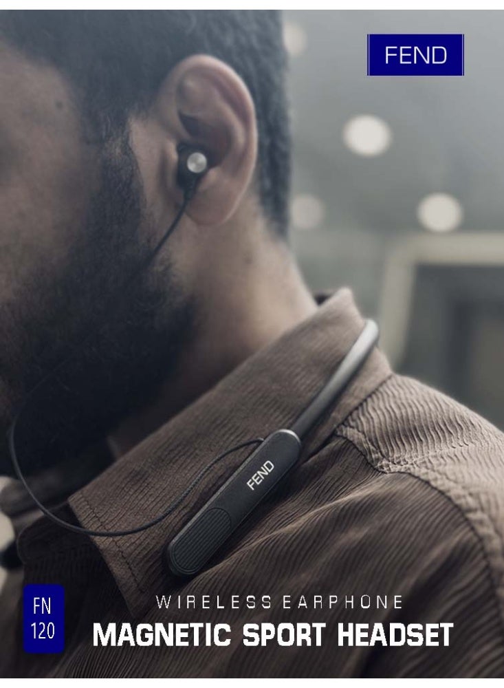FEND FN120 Wireless Bluetooth Neckband Earphones with Mic, Magnetic Sports Headset, Sweat Resistant, 20H Playtime, Deep Bass Stereo Sound, Secure Fit Earbuds for Running Gym Workout Black - Image 3