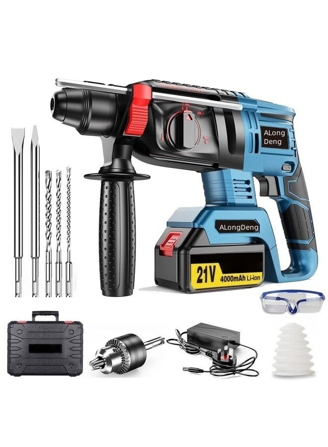 ALongDeng 21V Brushless Rotary Hammer Drill 3-in-1 Mode Hammer Drill for Concrete with 4.0Ah Battery Vibration Damping  Variable Speed Includes 360° Rotatable Side Handle - Image 1