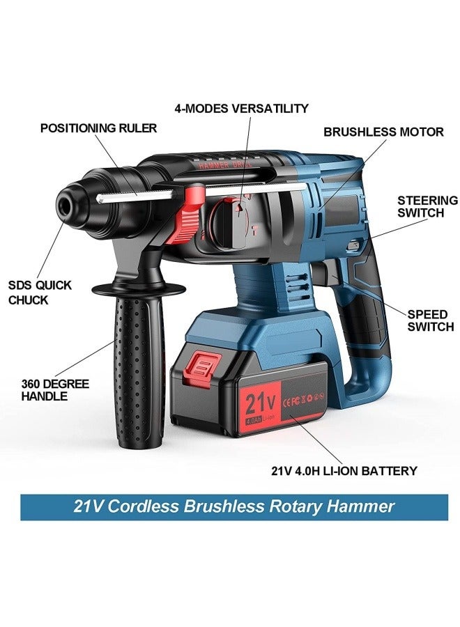 ALongDeng 21V Brushless Rotary Hammer Drill 3-in-1 Mode Hammer Drill for Concrete with 4.0Ah Battery Vibration Damping  Variable Speed Includes 360° Rotatable Side Handle - Image 4