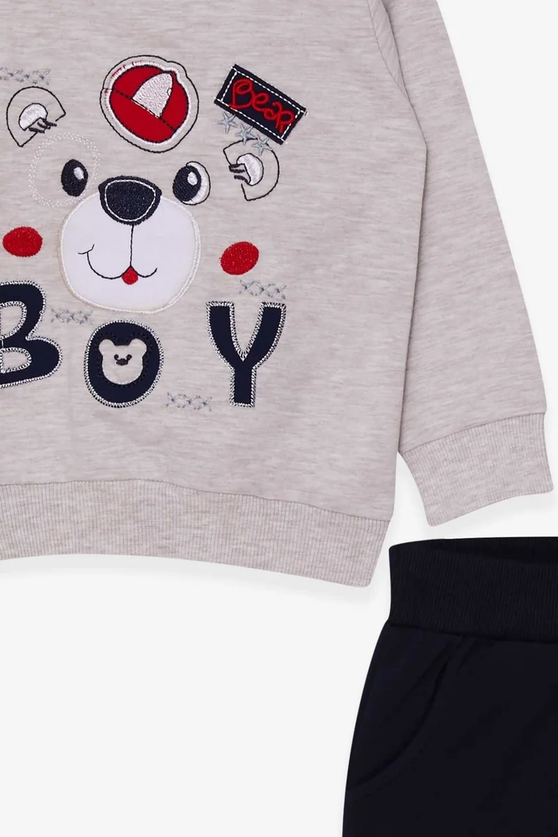بريز Boy's Tracksuit Set Beige Melange with Teddy Bear Figure (Age 1-4)