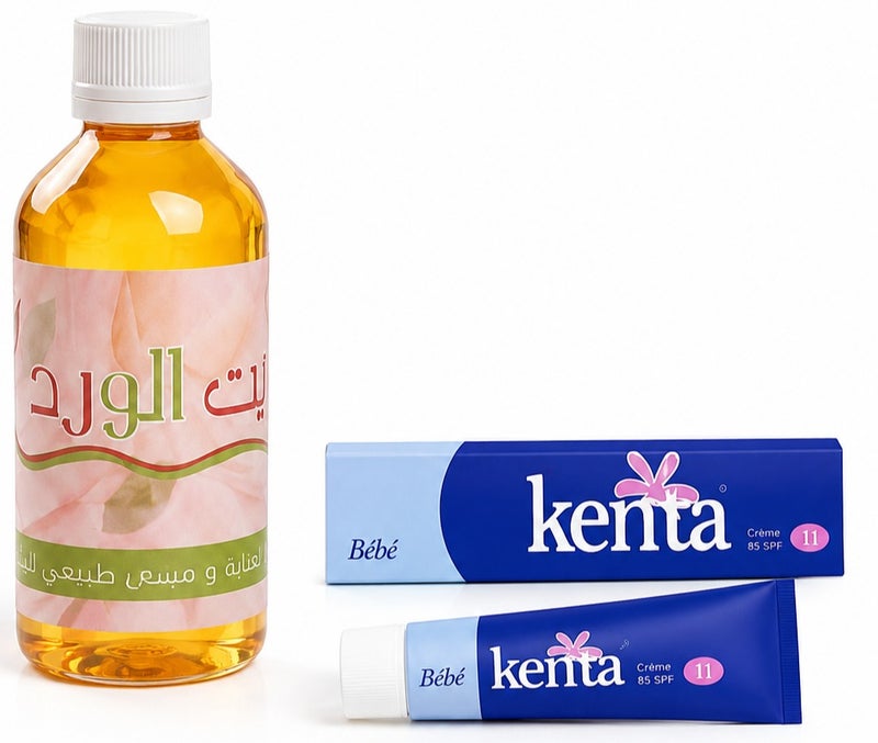 The complete brightening and radiance set (Kenta Blue Cream for lightening pigmentation and moisturizing dark areas + Rose Oil, a collagen stimulant and natural skin whitener, 250ml)