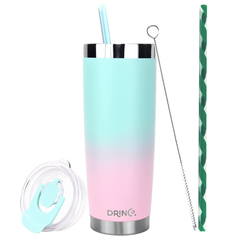 Drinco  20 oz Stainless Steel Tumbler  Double Walled Vacuum Insulated Mug With Lid 2 Straws For Hot  Cold Drinks 20oz Macaron 20oz