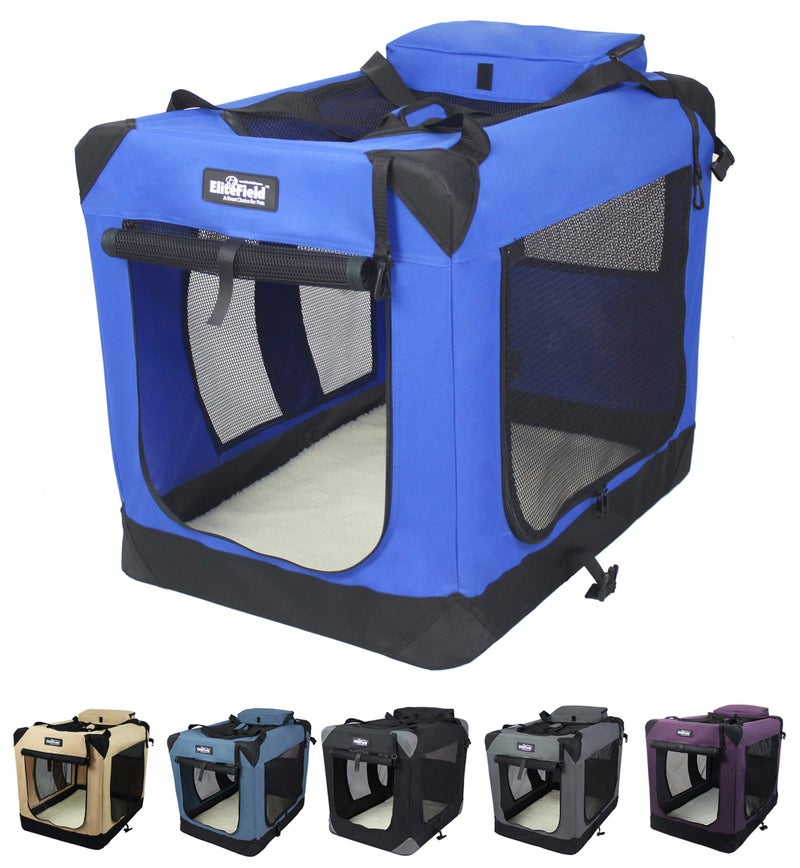 EliteField 3Door Folding Soft Dog Crate with Carrying Bag and Fleece Bed 2 Year Warranty Indoor Outdoor Pet Home 36 L x 24 W x 28 H Royal Blue