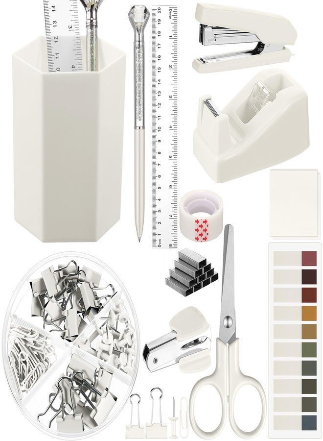 Marspark 12 Pcs Beige Office Supplies Desk Accessories Set Pen Holder Tape Dispenser Stapler Staple Remover Staples Tape Ruler Scissor Pen Sticky Note Index Tab Clips Set for School Office Home - Image 1