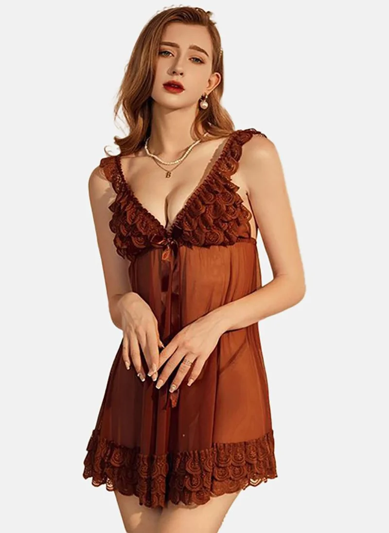 YUNIQEE Brown Solid Babydoll with Briefs