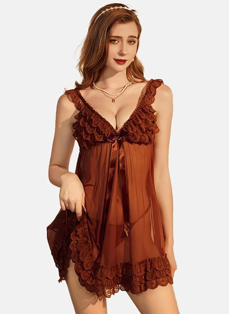 YUNIQEE Brown Solid Babydoll with Briefs