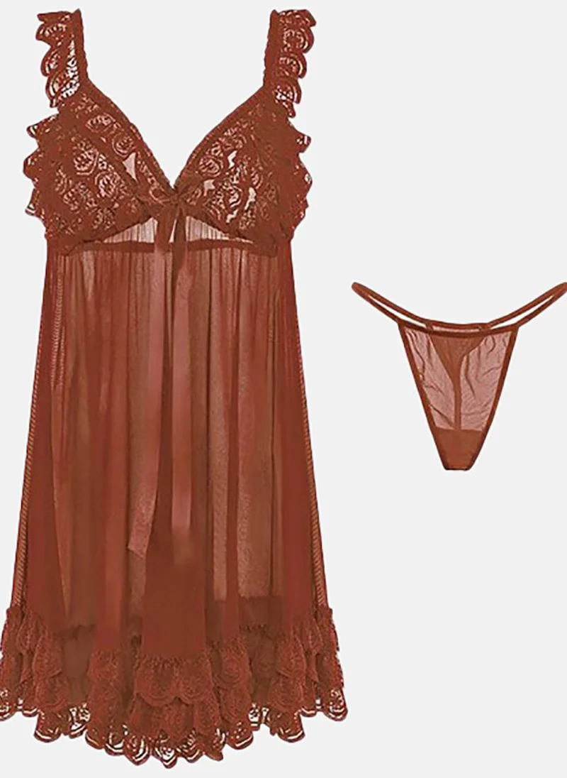 YUNIQEE Brown Solid Babydoll with Briefs