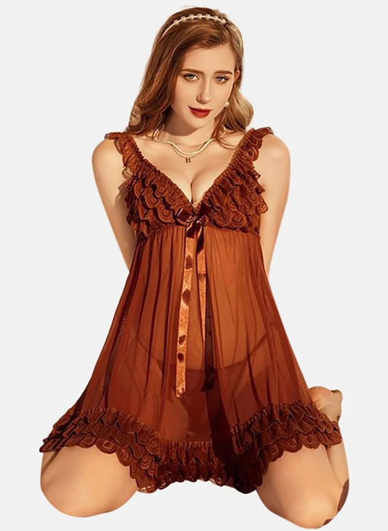 YUNIQEE Brown Solid Babydoll with Briefs