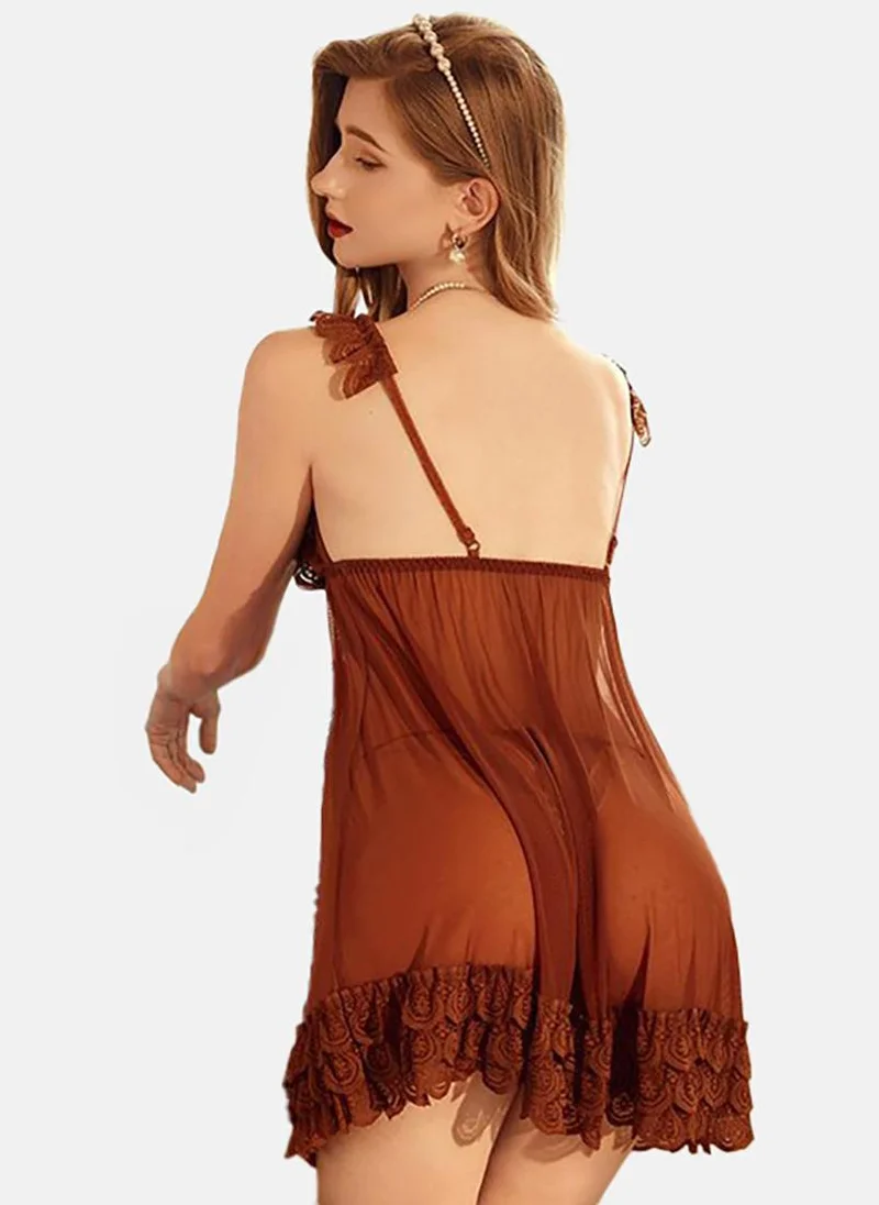 YUNIQEE Brown Solid Babydoll with Briefs