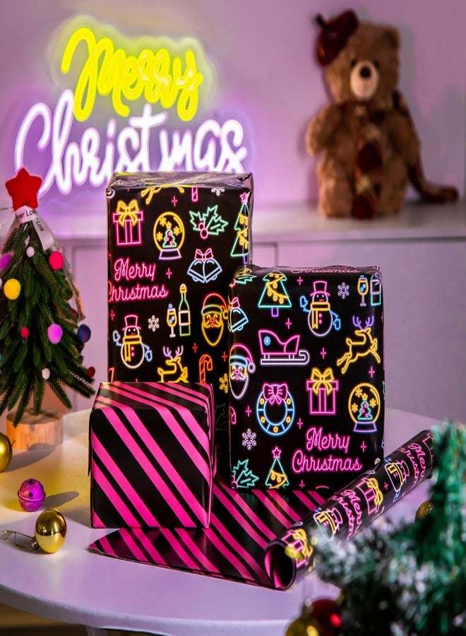 EWES Funny Christmas Wrapping Paper Kids Black Pink Set Rolls Cute Reversible Santa Claus Tree Thick Gift Wrap Sheets Unique Fancy Heavy Duty Colorful Fun Total 28.5sq.ft - Image 3