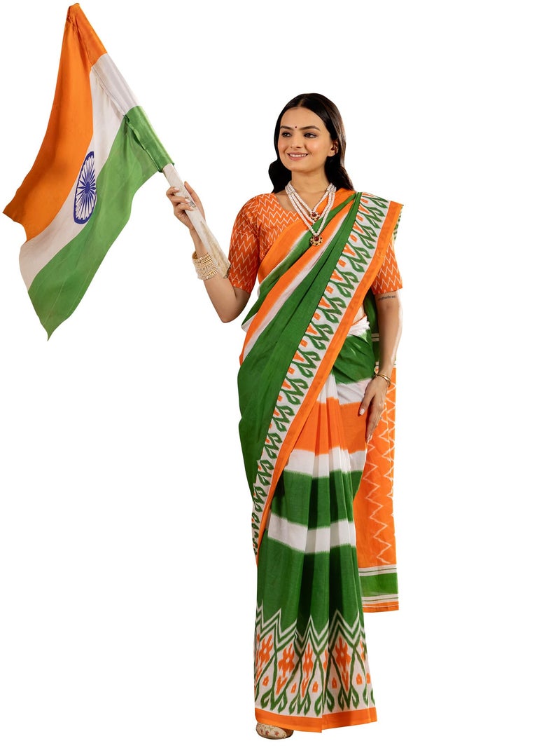 SAREE MALL Women's Green Cotton Ethnic Motif Independence Day Tricolor Tiranga Saree With Unstitched Blouse - Image 1