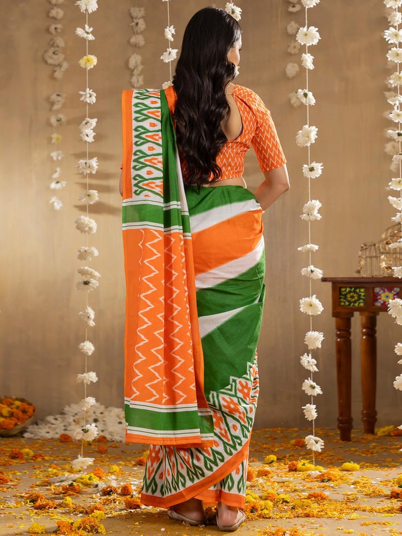 SAREE MALL Women's Green Cotton Ethnic Motif Independence Day Tricolor Tiranga Saree With Unstitched Blouse - Image 2