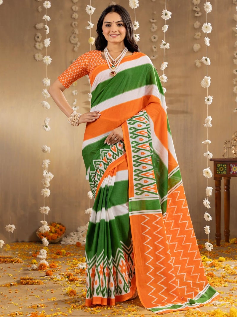 SAREE MALL Women's Green Cotton Ethnic Motif Independence Day Tricolor Tiranga Saree With Unstitched Blouse - Image 3