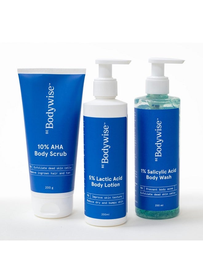 Be Bodywise Strawberry Skin Pack With 1% Sa Body Wash 5% Lactic Acid Body Lotion & 10% Aha Scrub Exfoliates Reduces Body Acne Strawberry Skin & Uneven Skin Texture 650Ml  - Image 1