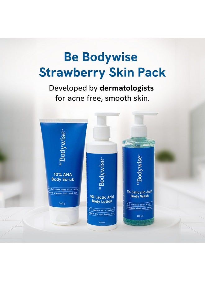 Be Bodywise Strawberry Skin Pack With 1% Sa Body Wash 5% Lactic Acid Body Lotion & 10% Aha Scrub Exfoliates Reduces Body Acne Strawberry Skin & Uneven Skin Texture 650Ml  - Image 4