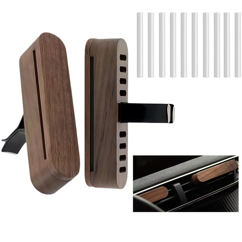 Hi Lumideer Natural Walnut Wood Vent Clip for Car (2-Pack) - Refillable Aroma Diffuser Base, Includes 10 Unscented Absorber Sticks - Elegant Air Freshener for Car, Home, Office & More - Image 1
