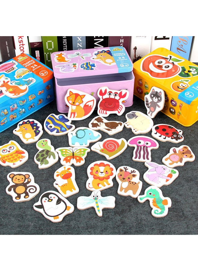 Children's Early Education Educational Toys 0 A 3 Year Old Wooden Two Cartoon Animal Traffic Fruit Matching Iron Box Puzzle Batch-Color:Iron Box Animal - Image 2