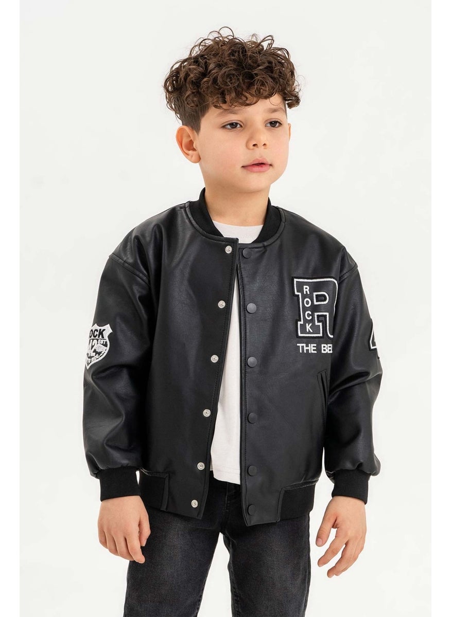 Gold Class Kidswear Snap Ribbed R Embroidered Boy's Leather Jacket  - Image 1