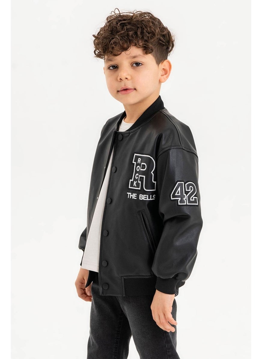 Gold Class Kidswear Snap Ribbed R Embroidered Boy's Leather Jacket  - Image 4