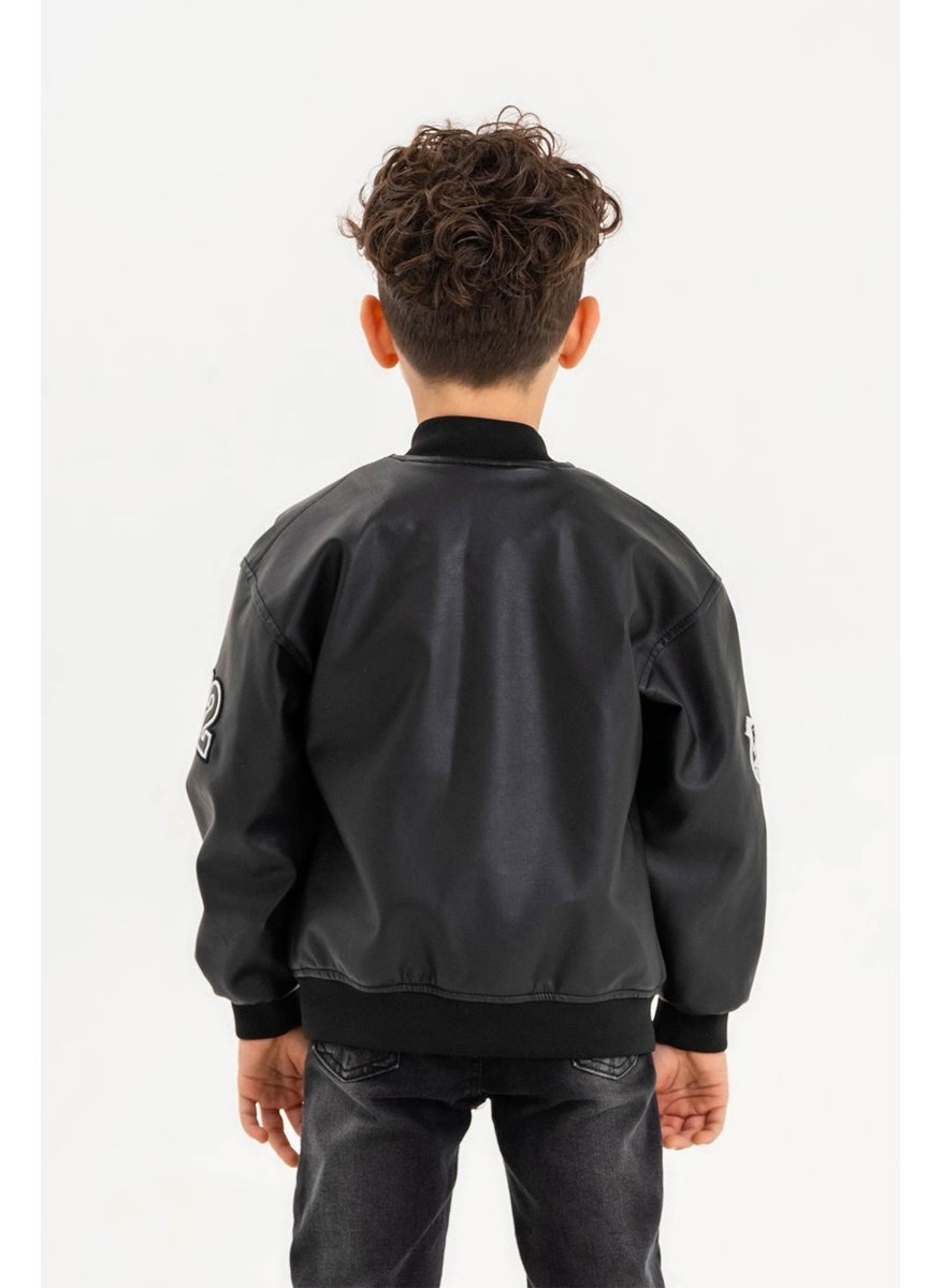 Gold Class Kidswear Snap Ribbed R Embroidered Boy's Leather Jacket  - Image 3